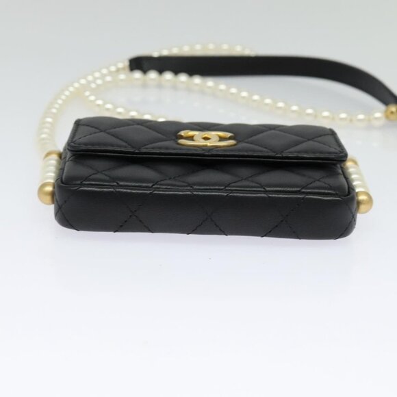 CHANEL Matelasse Pearl Shoulder Bag Lamb Skin Black Gold CC Auth - Picture 13 of 16